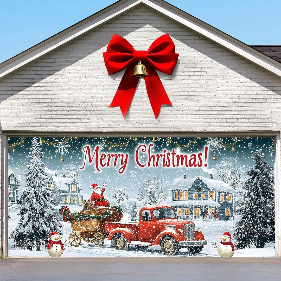 Brightown Christmas Garage Door Cover 6 x 13 ft Decorations, with Magnetic Hook and Elastic Cord for Easy Installation, Large Banner Backdrop for 2 Car Garage Door Party Wall Door Gate (White)