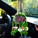 Crochet Hanging Plant for Rear View Mirror Accessories Hanging Decor Boho Car Accessories Interior Aesthetic Cute Car Decor for Women (Green 3)