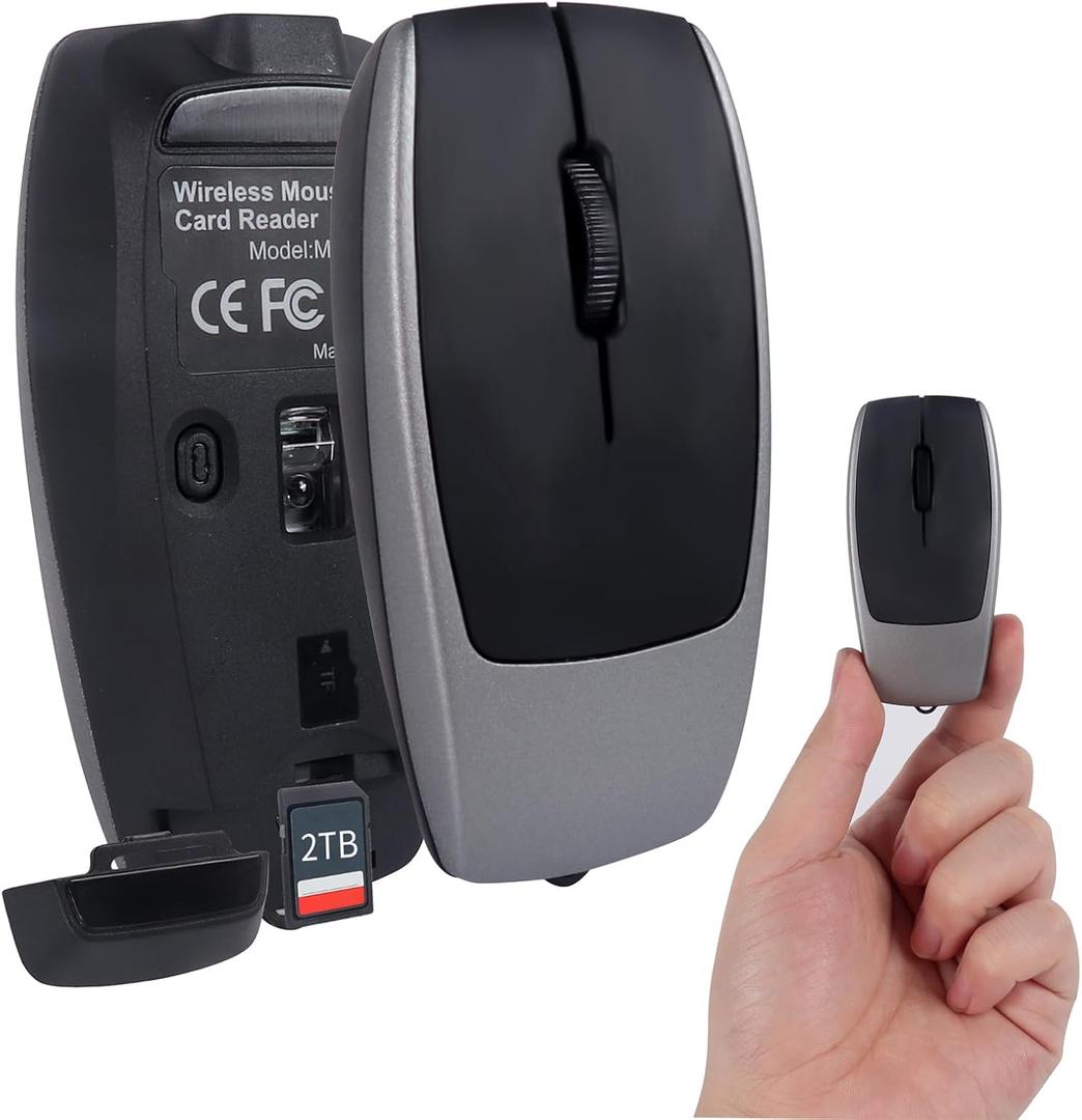 Mini Bluetooth Wireless Mouse with TF Card Reader, Rechargeable, Silent Click, Portable for Laptop, PC, Travel, Office & Home Use (Grey)