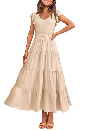 PRETTYGARDEN Women's Summer Flowy Maxi Dress Casual Cap Sleeve V Neck Smocked Beach Sundress (Solid Beige,Small)
