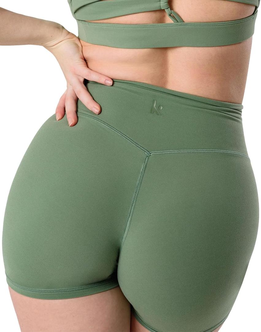 Kamo Fitness Featherlite Enhance 6" Women's Biker Shorts - No Front Seam, Soft, Butt-Lifting, High Waisted (Green, S)