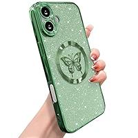 Magnetic for iPhone 16 Case, Compatible with MagSafe, Wireless Slim Clear Aesthetic Shockproof Protective Cover for Women Girl - Green Art Butterfly