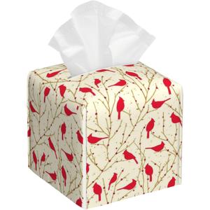 Cardinal Birds on Branches Tissue Box Cover,Red Berries Tissue Box Holder Square with Bottom Belt,Organizer Portable Decorative Facial Paper for Bedroom Dresser Office Desk,5.2" x 5.2" x 5.2"