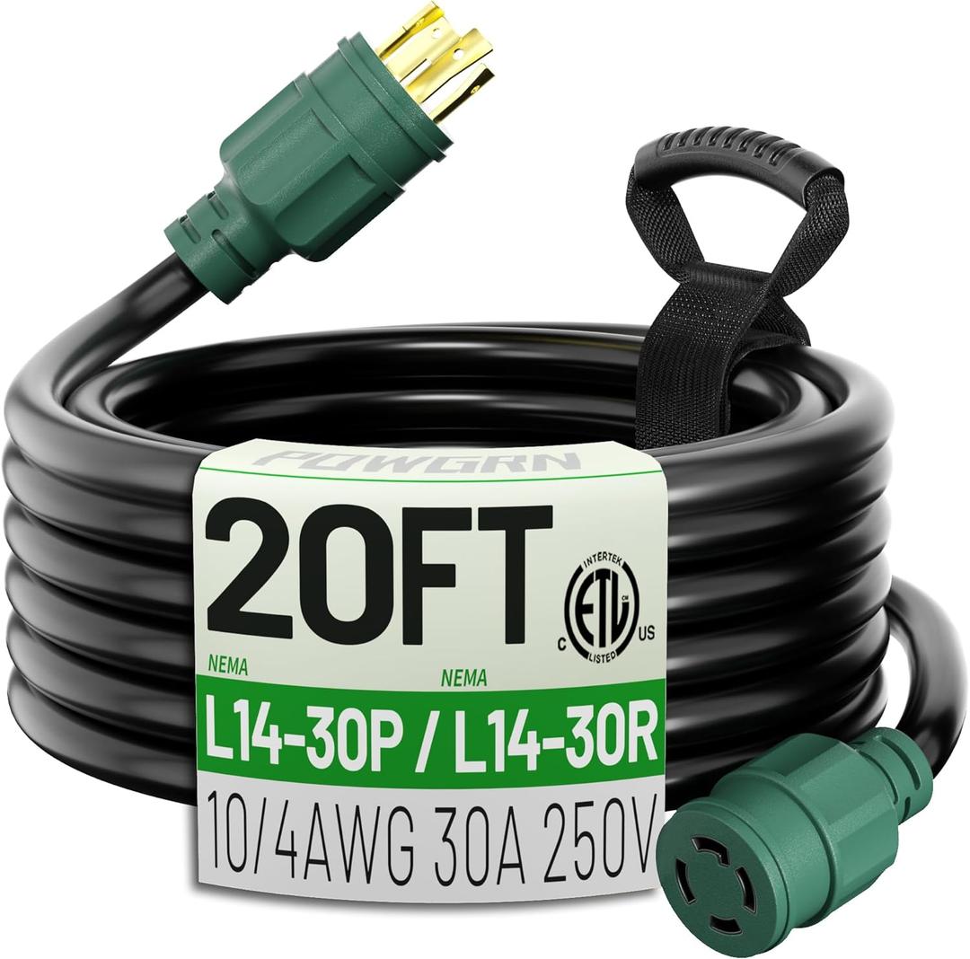 20 FT 30 Amp Generator Extension Cord 4 Prong, Heavy Duty NEMA L14-30P to NEMA L14-30R, 125/250V 7500W, Green 10 Gauge STW Twist Locking House Power Cord, 20 Feet Generator Cable