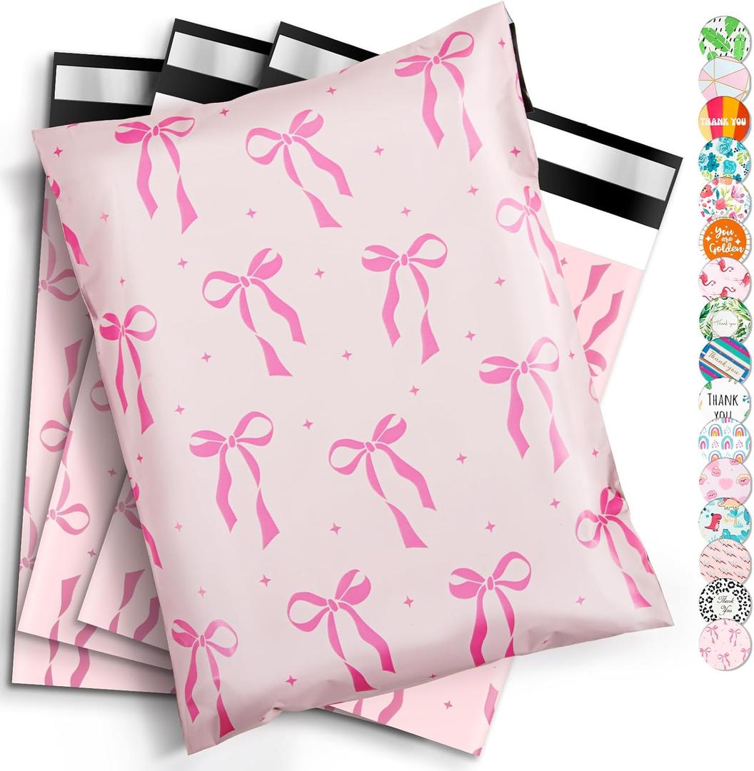 Oududianzi Poly Mailers 10x13, 100PCS Shipping Bags, Self-Sealing Mailers Poly Bags, Mailing Envelopes Bulk, Polymailers Packaging Bags for Online and offline Small Bussiness (Pink Bows)