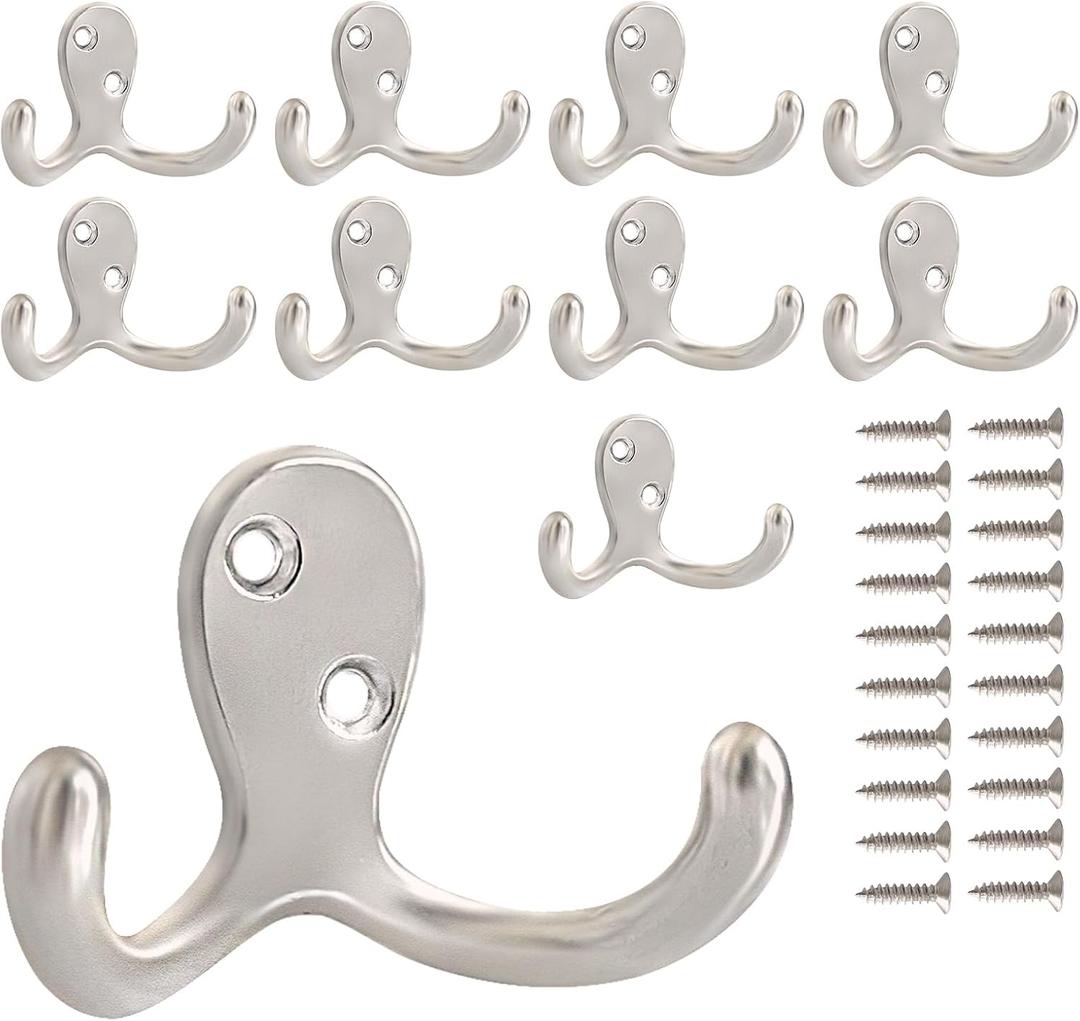 10 Pack Coat Hooks Wall Hooks for Hanging, Heavy Duty Double Prong Metal Hook Wall Mounted for Living Room, Bathroom, Kitchen, Bedroom for Coat, Bag, Scarf, Towel, Hat, Key, Cup (Silver)