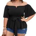 SCOMCHIC Women's Plus Size Off The Shoulder Peplum Blouse Top Half Bell Sleeve Tie Waist Ruffle Hem Babydoll Tops (X-Large Plus, Black)