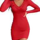 Valiamcep Women's Mini Dress V Neck Ruffle Long Sleeve Ribbed Slim Fitted Bodycon Pencil Dresses (Red, S)