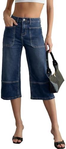 Sidefeel Women's Wide Leg Jeans High Waisted Stretchy Big Pockets Capri Denim Pants Size 10, Bluing