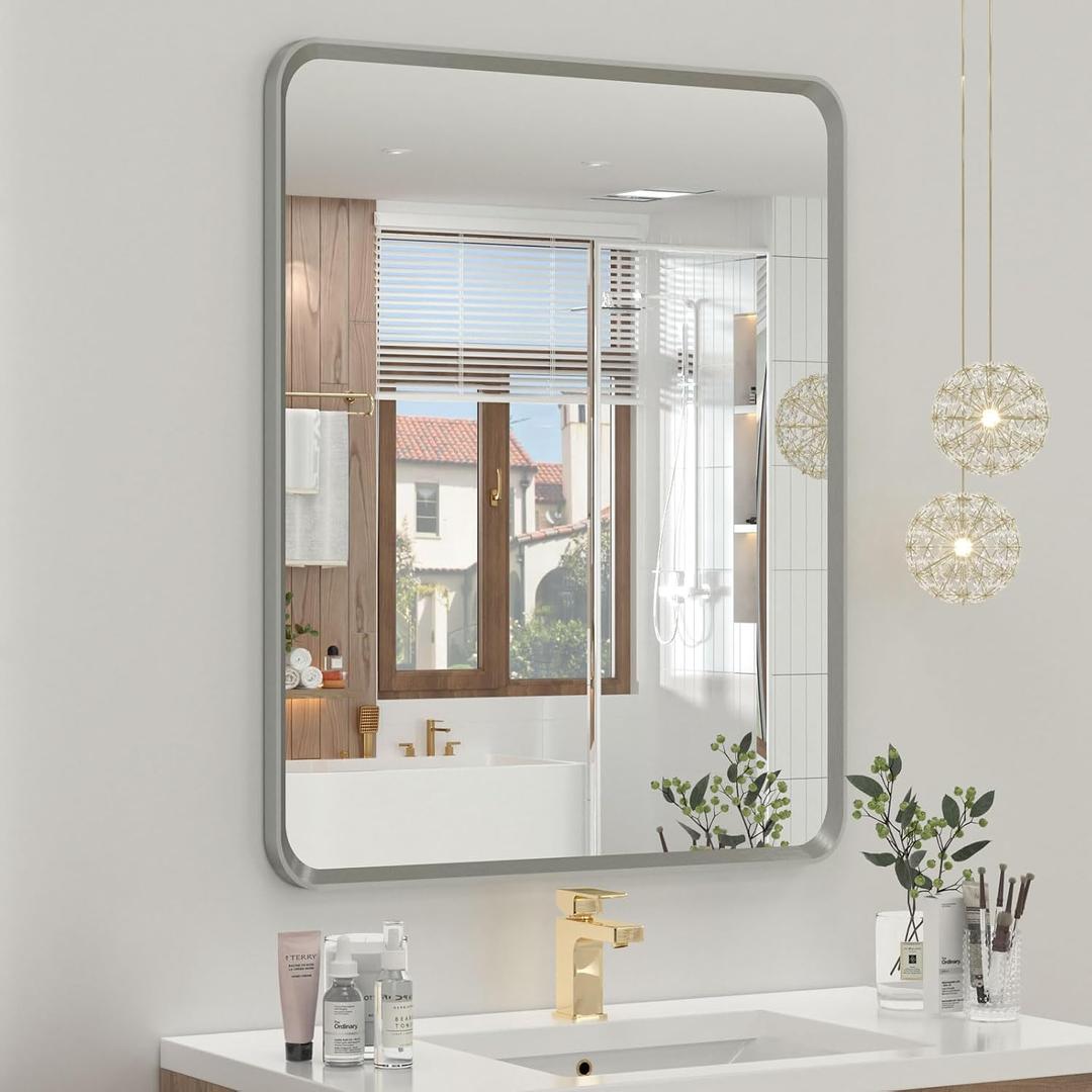 OKPAL 20 x 24 Inch Brushed Nickel Bathroom Mirrors, Rounded Rectangle Silver Bathroom Vanity Mirror, Beveled Framed Mirror for Wall, HD Glass, Anti-Rust Aluminum Alloy Mirror