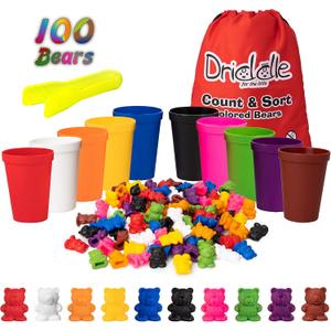 Colorful Counting Bears with Matching Cups - 100 Bears - Sort, Count & Color Recognition Learning Toy for Toddler & Kids - Montessori Education - Preschool Game