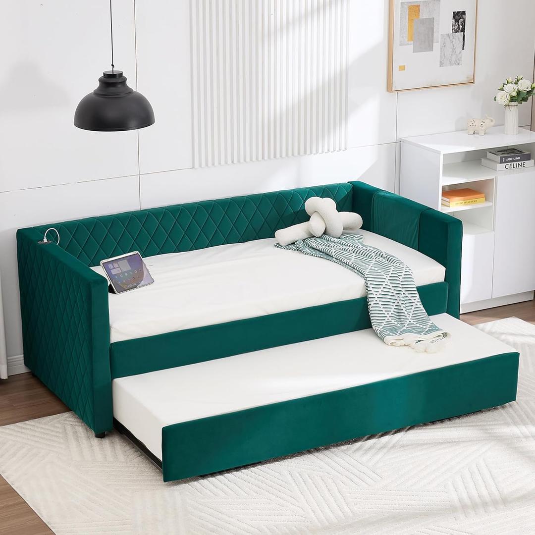 Twin Size Velvet Daybed with Pop-up Trundle & USB Ports for Bedroom Guest Room, Diamond Grid Tufted Design Sofabed Frame with Storage Bags and Metal Legs, Space-Saving & No Box Spring Needed, Emerald