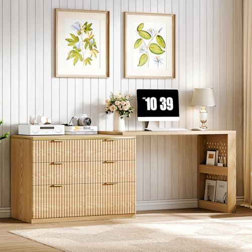 Ieejdn L Shaped Standing Desk,47" Home Office Desks, Executive, Farmhouse Computer Desk with 6 Drawers File Drawer, Rustic Computer Writing, Oak