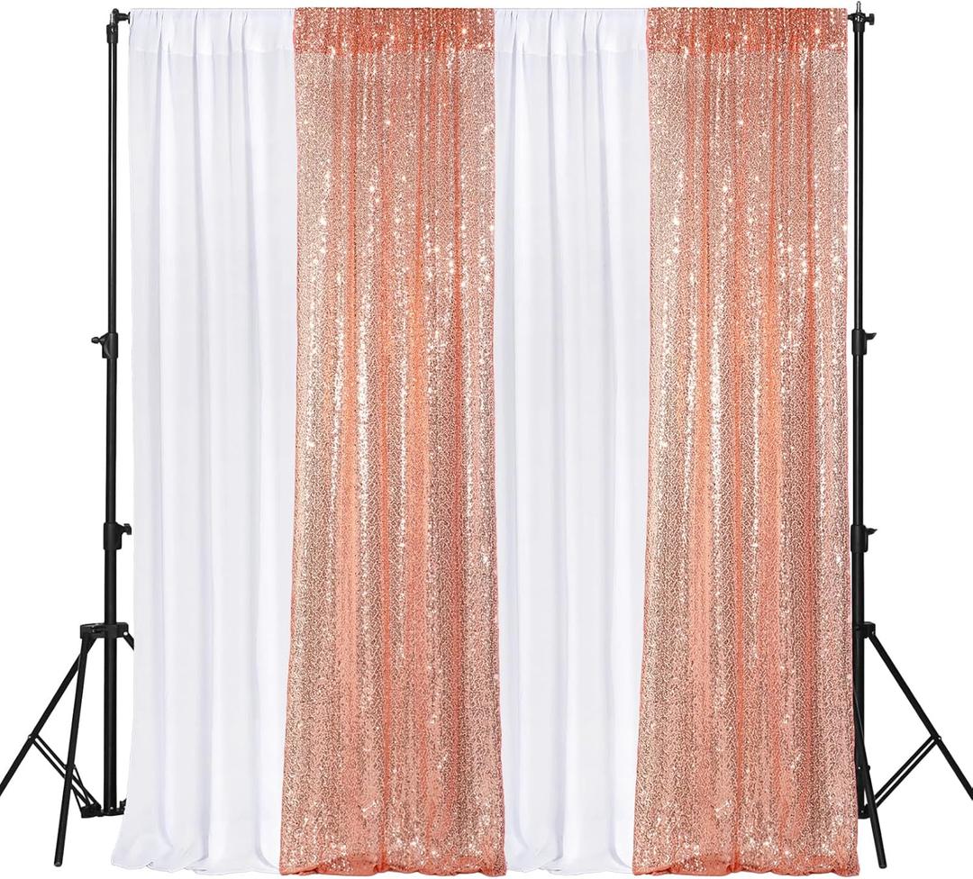 VitalCozy 4 Panels Backdrop Curtains 2 Pcs 4 x 10 ft Sequin Glitter 2 Pcs 7 x 10 ft Chiffon Photo Background Curtains for Graduation Wedding Birthday Party Decorations(White, Rose Gold)