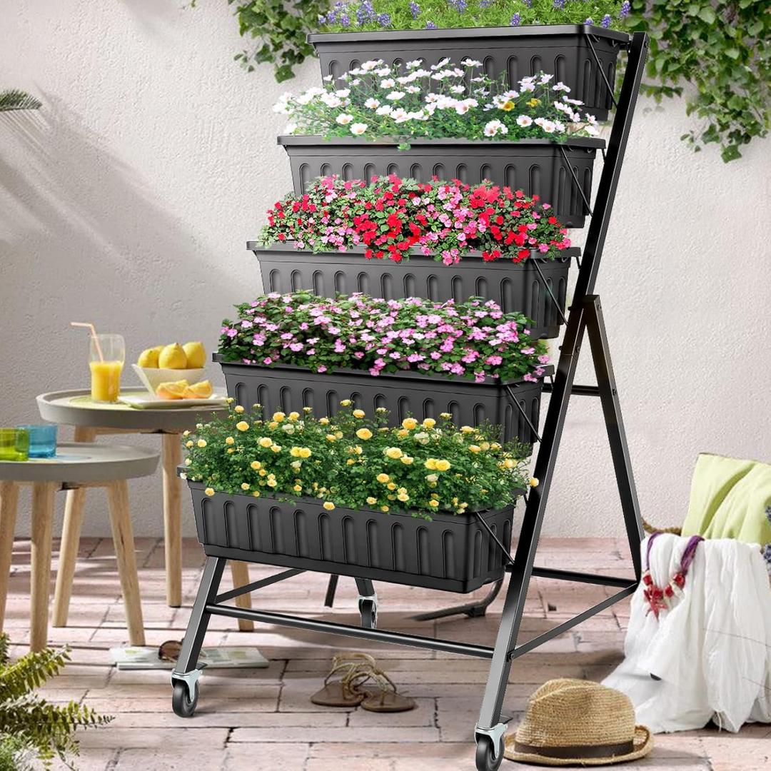 Suyncll Vertical Raised Garden Bed Planter Box,5 Tiers Vertical Garden Planter with Drainage System&4 Hooks for Plants Vegetables Flowers (Black with Storage Shelf & Wheels)