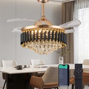 48" Dimmable Gold Fandelier Crystal Ceiling Fans with Lights and Remote Modern Retractable Blade Chandelier Ceiling Fans for Bedroom Dinning Room Living Room