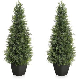 GarveeHome Artificial Cedar Topiary Tree for Outdoor,36 inch Tall Faux Cedar Trees,Potted Fake Cypress Plant, Artificial Plants Indoor Outdoor for Front Porch Decor, Set of 2 (3ft, Green)