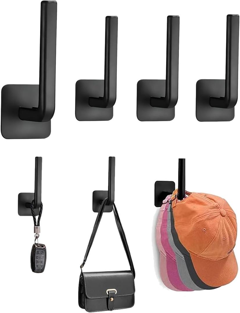 4 PCS Hat Hooks for Wall Hat Rack for Wall Self Adhesive Multi-Purpose Hat Organizer L Shaped Hooks for Home Decor Black