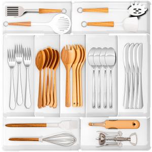 Jolitac Expandable Large Silverware Drawer Organizer - Adjustable Utensil Tray & Cutlery Holder, Plastic Storage for Spoons, Forks, Knives | Multipurpose Kitchen Organizers and Storage Solution, White