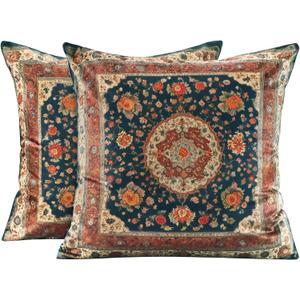 Vintage Floral Soft Velvet Throw Pillow Covers 18x18 In Boho Pillowcases, Indian Antique Ethnic Tribal Decor Double Sided Pattern Cushion Cover for Sofa, Living Room, Farmhouse, Dark Blue,2 Pack