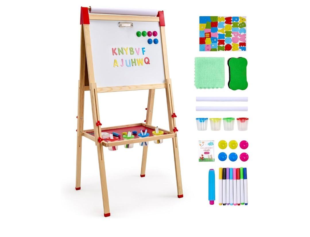 VEVOR Art Easel for Kids, 3-in-1 Wooden Double-Sided Kid's Art Easel with Magnetic Whiteboard, Chalkboard & Paper Roll, Adjustable Standing Drawing Board with Painting Accessories for Boys and Girls