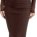 REORIA Long Sleeve Wedding Guest Maxi Dresses for Women Sheer Mesh Square Neck Ruched Bodycon Long Dress 2026 Spring Outfits, L