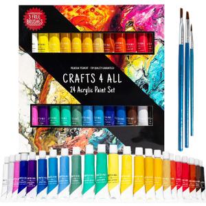 Acrylic Paint Set 24 Colors by Crafts 4 ALL Perfect for Canvas, Wood, Ceramic, Fabric. Non Toxic & Vibrant Colors. Rich Pigments Lasting Quality for Beginners, Students & Professional Artist