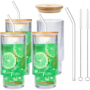 16 OZ Glass Cups with Lids and Straws, Vintage Ribbed Coffee Cups Drinking Glasses, Beer Glasses, Iced Coffee Glasses, Cute Tumbler Cup, Ideal for Whiskey,Cocktail,Wine (4 Pack)