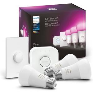 Philips Hue Smart Light Starter Kit - Includes (1) Bridge, (1) Smart Button and (3) Smart 75W A19 LED Bulbs - White and Color Ambiance - 1100LM - E26 - Control with Hue App or Voice Assistant