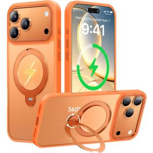 360 Spin Magnetic Stand for iPhone 17 Pro Max Case, Fit for MagSafe, Mil-STD Protective Case for iPhone 17 Pro Max Phone Case with Kickstand Rotatable 6.9 inch, Orange