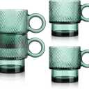 Joeyan Green Glass Coffee Mugs with Handle,Stackable Glass Coffee Cups with Striped Design,Drinking Glasses for Espresso Cappuccino Latte Tea Milk,10 oz,Set of 4,Dishwasher Safe