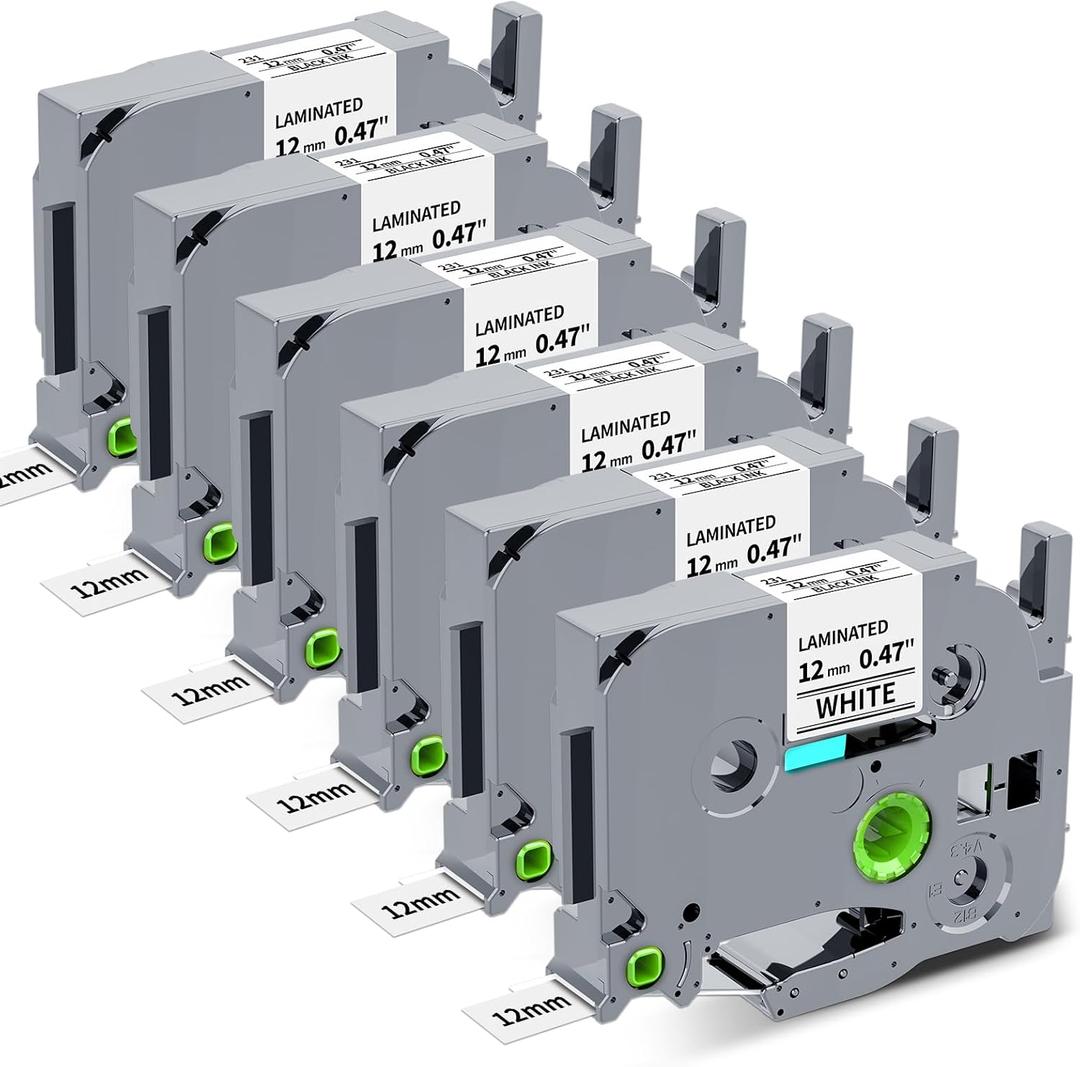 6Pk Replace for Brother P-Touch Label Tape TZe-231 12mm 0.47 Laminated White TZe TZ 1/2" Label Maker Tape Compatible with Brother Ptouch PT-D220 D210 H110 D200 D410 1280 D610BT, Black on White