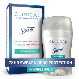 Secret Clinical Strength Antiperspirant Deodorant for Women, Free & Sensitive, 3X Stress Protection, 72hr Sweat & Odor Protection, PH Balancing Minerals, Invisible Solid, Unscented, 1.6 oz 