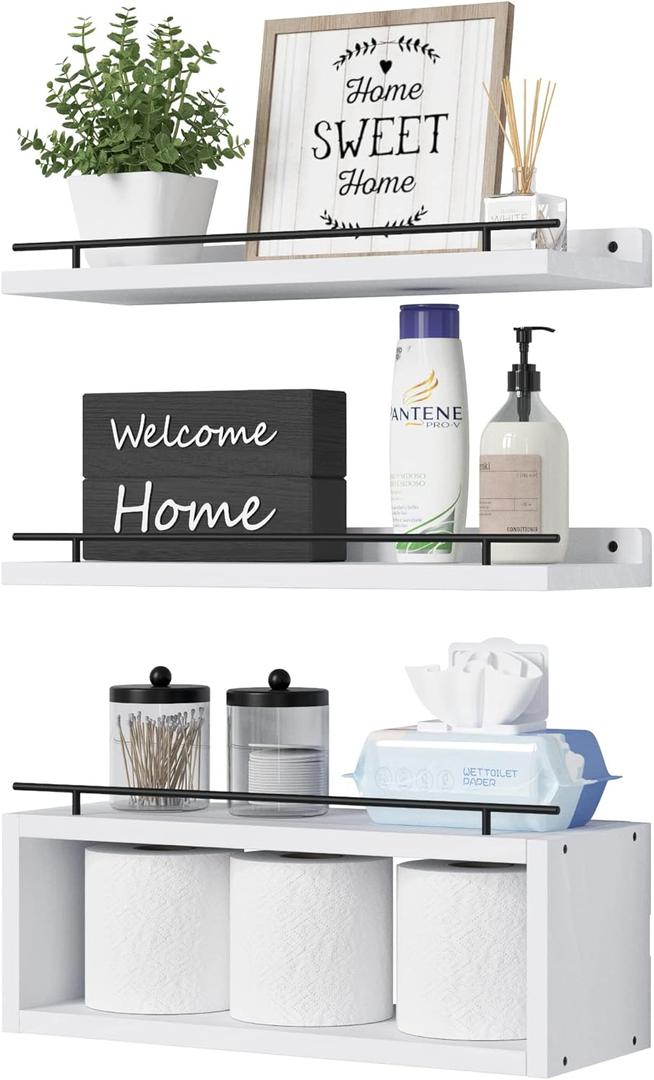 WOPITUES Floating Shelves for Wall with Cube Shelf, Wall Shelves with Metal Rail for Decor, Bathroom Organizers and Storage, Over Toilet Shelves for Bathroom, Toilet Paper-White (15.7 inch)