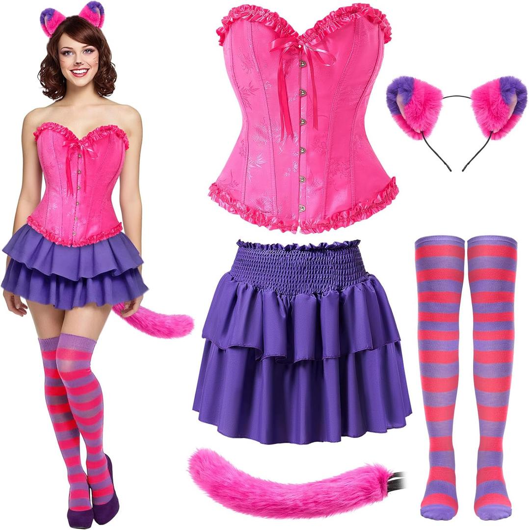 5 Pcs Halloween Cat Costume for Adult Cat Dress up Corset Tops Skirt Tail Ears High Socks Outfits for Women (Medium)