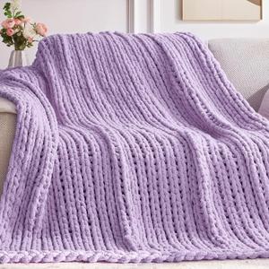 Chunky Knit Throw Blanket, 40''*50'' Knitted Throw Chenille Yarn for Bed Couch, Handmade Light Purple Crochet Big Thick Blanket, Machine Washable Cute Comfy Blanket for Home Decor
