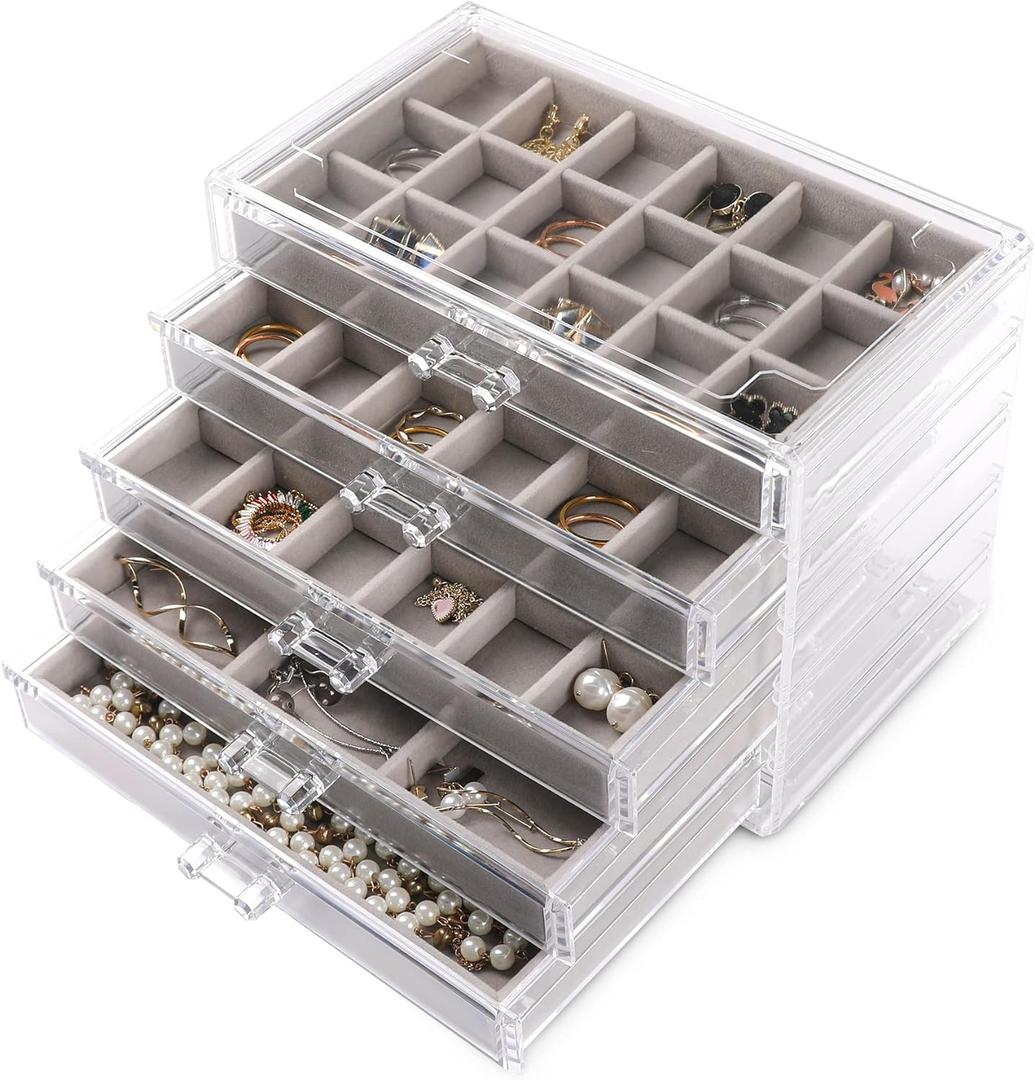 Frebeauty Acrylic Jewelry Organizer Earring Organizer Box with 5 Drawers Earring Holder Organizer with Velvet Trays Clear Jewelry Box for Women Earring Display for Rings Studs(Grey)