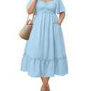 Women Plus Size Light Blue Dress Easter Maxi Summer Swiss Dot Ruffle Short Sleeve Smocked Pocket Tiered Aline Long Dress 18W