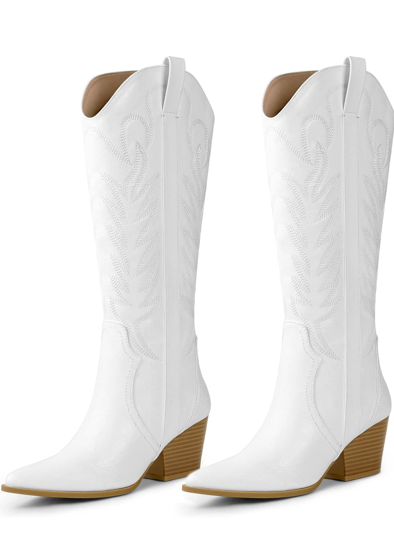 Arromic Cowboy Boots for Women Comfortable Womens Embroidered Western Cowgirl Knee High Boots Pointed Toe Zipper Chunky Heel Country Outfit Retro Tall Boots, Size 9