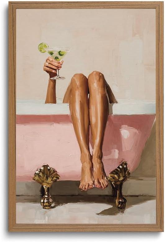 Pink Bathroom Wall Art Bathtub Martini Cocktail Print Cute Girly Wall Decor, 24"L x 16"W