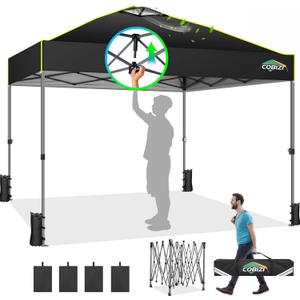 COBIZI Canopy 10x10 Pop Up Canopy Tent 1-Button Push Easy up Outdoor Canopy Instant Portable Commercial Shelter Waterproof UPF50+ Gazebo with Reflective Strip, Air Vent & 4 Sandbags,Black