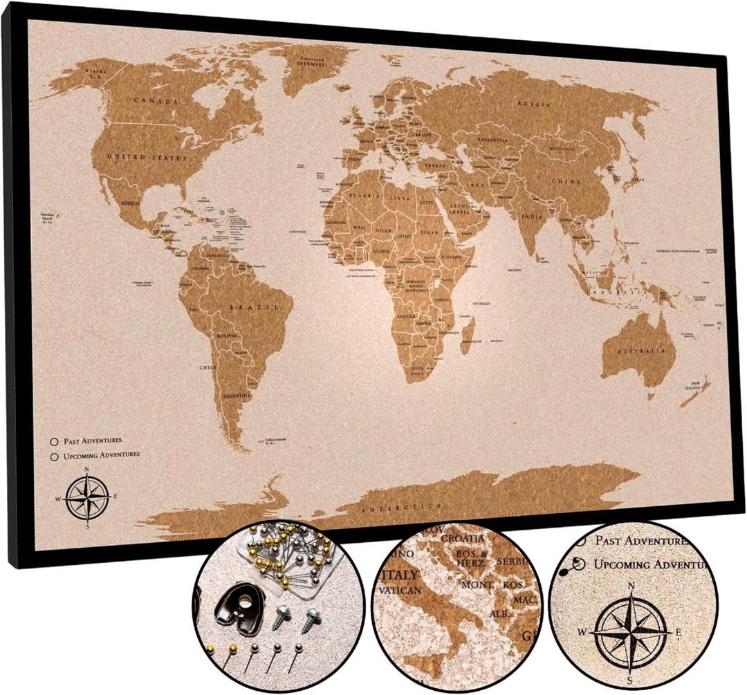 Push Pin World Travel Map, 30" x 20" Framed Cork Board Wall Art, Modern World Map with Pins for Tracking Adventures, A Premium Gift for Travelers, Couples and Families