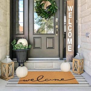 2 Pcs Summer Door Mat, Coco Coir Welcome Doormat with Black and White Striped Mats, Extra Thick & Non-Slip Backing for Farmhouse Front Porch Entryway, Seasonal Layered Porch Dcor Floor Mat (Welcome)