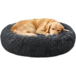 JOLLYVOGUE Calming Washable Dog Beds Large Sized Dog, 36Inch Donut Large Dog Bed with Removable Cover, Anti-Slip Round Fluffy Faux Fur Bed, Fits up to 80 lbs Pets, Dark Grey