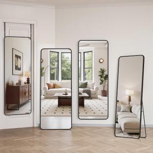 Suidia Full Length Mirror Over the Door&Wall Mounted, 48"x14" Door Mirror with Aluminum Alloy Frame, HD Shatterproof, No-Drill, Hanging Mirrors for Bedroom, Bathroom, Dorm, Closet, Rounded Rect, Black