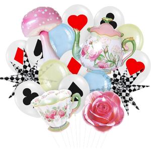 Teapot Mushroom Rose Balloons Checkered Poker Balloon Lets Par-Tea Garden Fairy High Tea Theme Foil Decor Onederland 1st First Birthday Girl Tea for Two Party Decorations Supplies for Little Girls