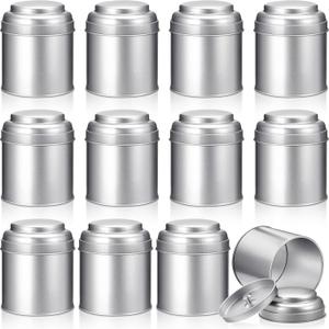 Meanplan 12 Pcs Tea Tin Canister with Airtight Double Lids Round Tin Can Box Small Kitchen Tea Canister Loose Leaf Storage Containers for Loose Bags Coffee Sugar Candy Spices(Silver,8 oz)