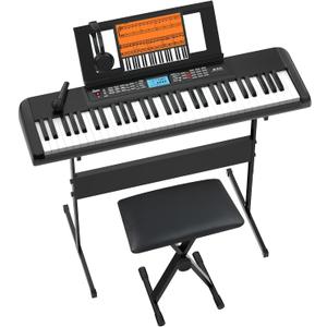 61 Key Keyboard Piano, Portable Electric Piano Keyboard w/LCD Screen, Built-In Speakers, Headphones, Stand, Stool, Music Rest, Microphone, 300 Timbres, 300 Rhythms, Jikada-61 Key Keyboard Kit