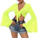 Mesh Tops for Women Bell Sleeve Rave Outfits Tie Front Crop Top Long Sleeve Shirt Sheer Blouse Festival S