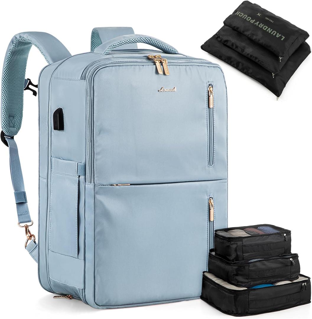 LOVEVOOK 40L Travel Backpack With 3 Packing Cubes Expandable Large Laptop Backpack Women Waterproof Backpack Waterproof Daypack Travel Bag TSA Fit 17inch Laptop Luggage With USB Charging Port (Blue)
